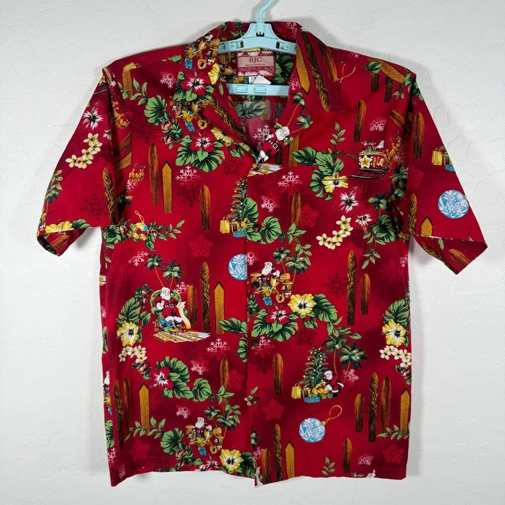 RJC Shirt Mens Medium Red Hawaiian Christmas Mele Kalikimaka Santa Floral Camp
